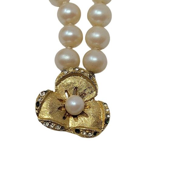 Vintage Glass Faux Pearl Double Strand Princess Necklace Gold Rhinestone Flower - Picture 6 of 11